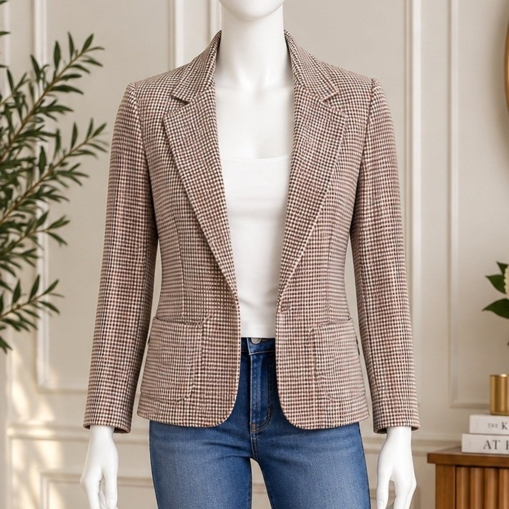 Liverpool Womens Blazer Houndstooth Knit Single Button Tan Pink Size Small